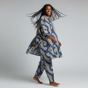 Handmade African Wax Print Kaftan and Tapered Pants Set Blue Tan Leaf Pattern